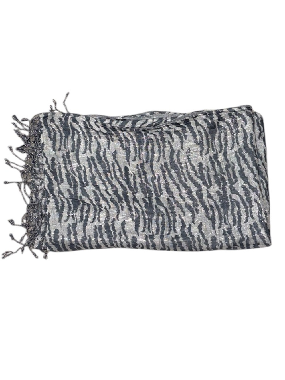 Metallic Zebra Print Fringe Scarf in Silver and Charcoal